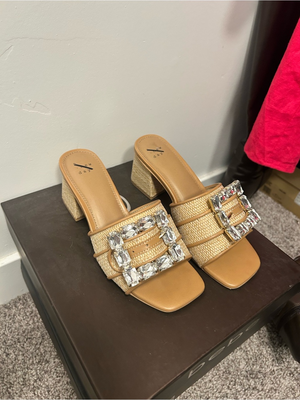Beige Embellished Buckle Block Heel Slides - Women